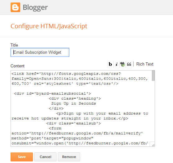 Email Subscription Widget script for blogger