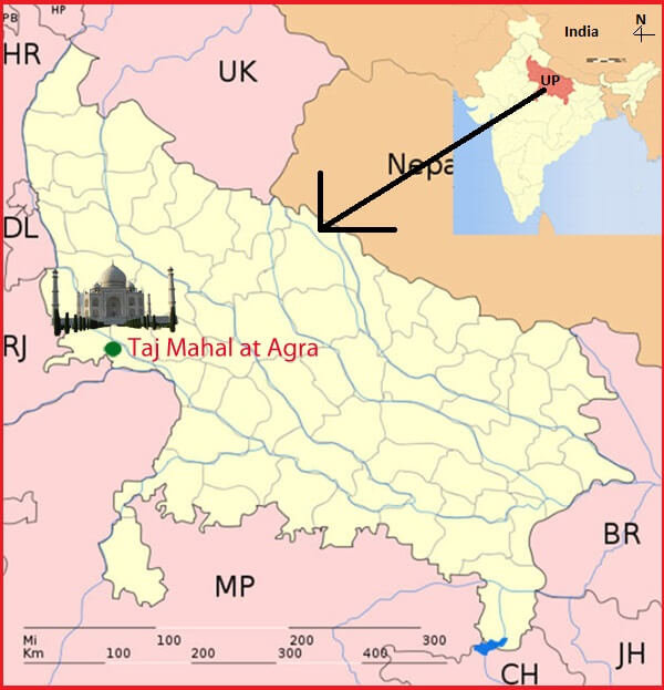 Location of Taj Mahal at Agra, India